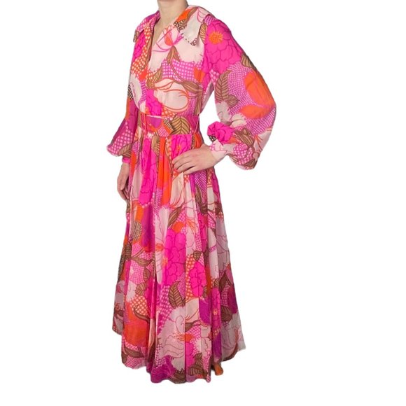 American Vintage Dresses & Skirts - Vintage 50s Pink & Orange Floral Abstract Print Balloon Sleeve Maxi Belted Dress